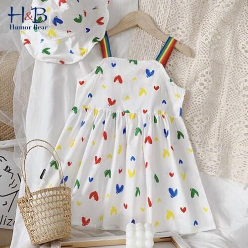 Humor Bear Girls Dress New Summer Sleeveless Heart-Shaped Printed Cute Princess Party Dress With Free Cap