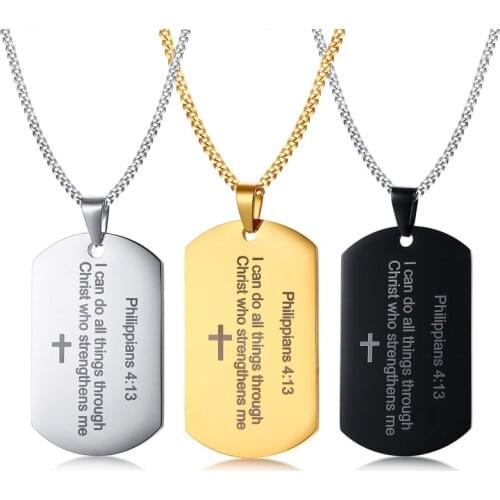 Engraving Philippians 4:13 Cross Pendant Dog Tag for Men Necklace Stainless Steel Casual Male Faith Jewelry Christ Bible