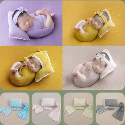 Newborn Baby 4Pcs Photography Props Bowknot Headband Knotted Hat Swaddle Blanket Wrap Pillow Cushion Infant Outfits