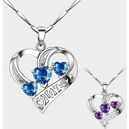Simple Three Heart Pendant Necklace For Women Silver plated Blue Exquisite crystal Necklaces & Pendants Silver color Jewelry