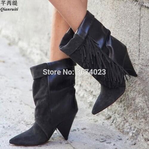 Qianruiti Tasseled Boots Women Pointed Toe High Heels Fringes Ankle Boots Slip on Spike Heels Boots Women Shoes Fall Winter Boot
