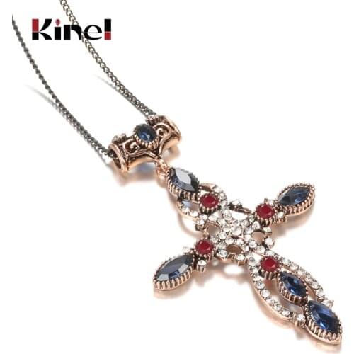 Kinel Luxury Cross Pendant Necklace Vintage Jewelry For Women Antique Gold Color Religious Jewelry Accessories Best Gift