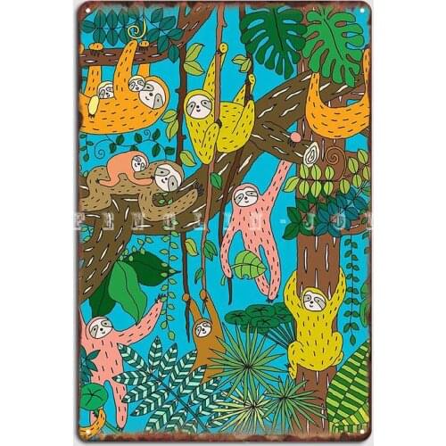Happy Sloths Jungle Metal Sign Cinema Living Room Club Bar Design Mural Painting Tin Sign Poster