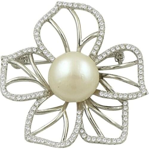 Silverlina Silver Natural Pearl & Zircon Cubic Zirconia Flower Design Brooch