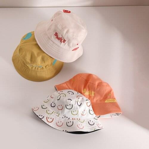Spring Summer Lovely Smile Pattern Baby Caps Double Sided Sun Hats For Kids Boys Girls Cotton Autumn Children Bucket Hat