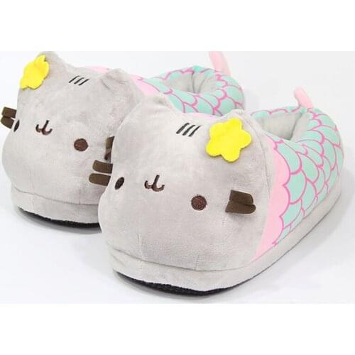 Cute Gray Striped Cat Plush Slippers Winter Warm Womens Home Cotton Slides Slient Soft Comfort Flat Fluffy Sandals