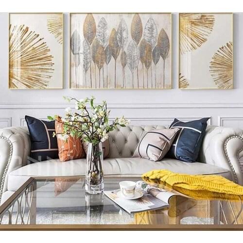 Nordic Light Luxury Abstract Golden Leaf Wall Art Triple Hanging Painting Canvas Painting Poster Print Picture Modern Decor Gift
