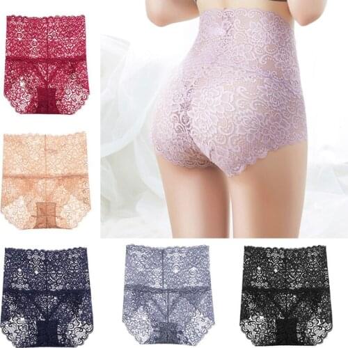 High Waist Panties Briefs Panties Sexy Lace Slimming Pants Hollowed Underwear Floral Transparent Lingerie Tummy Control Pants