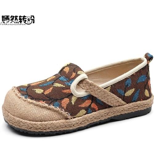 Spring Women Flat Shoes Thai Boho Cotton Linen National Handmade Woven Round Toe Flats Leaf Embroidered Shoes Zapatos