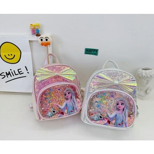 Disney cartoon Frozen Elsa Waterproof PU Backpack Glitter School Book Bag Girls Cute Sequins Small Backpack Cute Travel Bag