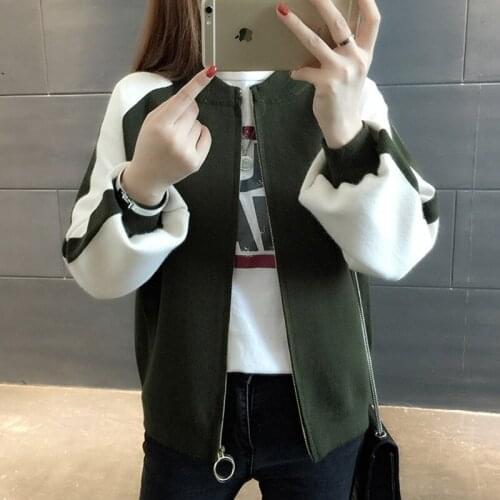 Knitted Patchwork Cardigans Sweaters Spring Autumn Women O-Neck Short Baseball Coats Tops Female Casual Sweaters Jackets FP1430