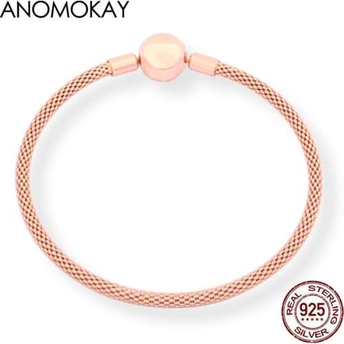 Anomokay Trendy 100% 925 Sterling Silver Rose Gold Color Basic Bracelet fit Original Charm Bead Bracelet for Women Girl Gift