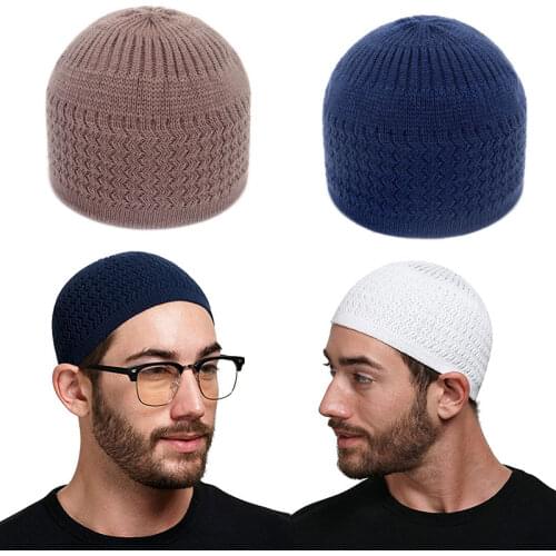 Winter Knitted Muslim Men Prayer Hats Warm Male Beanies Islamic Ramadan Jewish Kippah Homme Wrap Head Cap