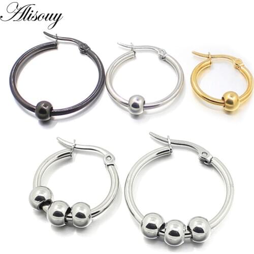 Alisouy 1 Pair Black color Gold color Stainless Steel Earrings Men Women With three Small Ball Hoop Earrings fashion jewelry