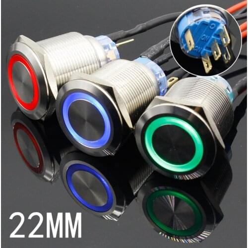 1PC Colorful Useful Durable 5V 12V 24V 220V 22mm LED Power Push Button Switch Momentary/Latching Waterproof Metal Self-Locking
