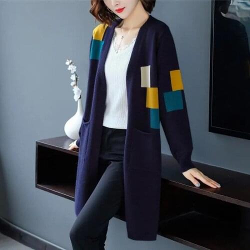 2021 Long Cardigan Women Sweater Autumn Winter Long Sleeve Tops Knitted Sweaters Color Matching Jacket Thick Loose Coat Female