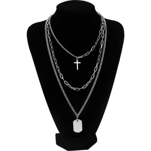 Poputton Bohemia Cross Pendant 3 Multi Layered Necklace Silver Color Multilayer Chain Choker Necklaces for Men Dog Tag Jewelry
