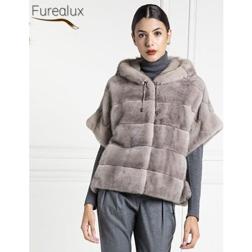 FUREALUX 2021 Womens Winter Real Fur Jacket Natural Mink Fur Hat Short Sleeve Full Leather Fashion Retro Classic Jacket