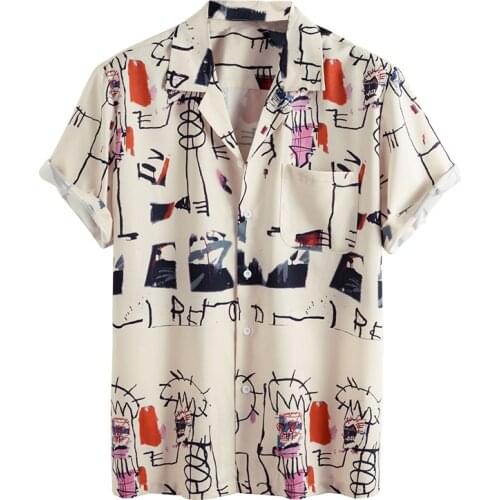 Hawaiian Printing Mens Short Sleeve Shirts Summer Graffiti Shirts For Men Casual Slim Fit Beach Blouse Tops Chemise Homme