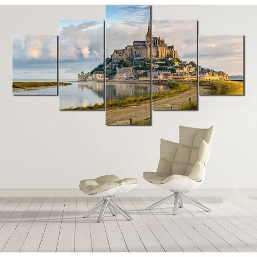 Canvas Painting Home Decor Living Room Frame 5 Pieces Mont Saint Michel Poster Modular HD Prints Church Building Pictures