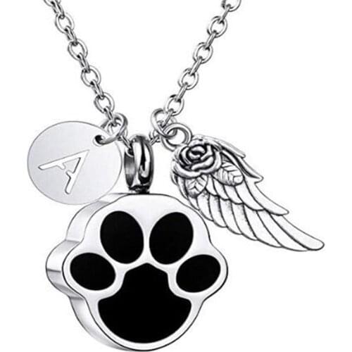 Paw Print Ashes Urn Pendant Necklace Stainless Steel Letter Initial Charm Memorial Dog Cat Pet Keepsake with Angel Wing