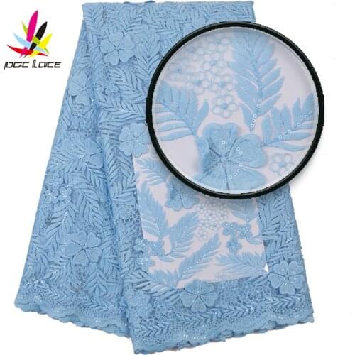 Latest African Wedding Laces Sequins Bridal Blue Color Embroidery Fabric Net Tulle Dresses Nigerian High Quality For Women