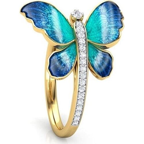 New Crystal Butterfly Ring Clear Crystal Zircon Insect Ring Gradient Blue Luxucy Summer Lady Jewelry Accessories Daily Wear