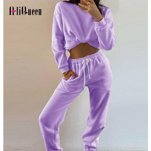 Autumn Winter Two Piece Set Women Crop Top + Drawstring Long Pant Sets Trousers Female Loose Tracksuit Sports Sets Sweatsuit