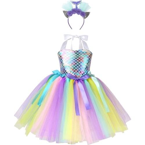 Oyolan Mermaid Tutu Dress for Girls Princess Dresses for Mermaid Birthday Party Costumes Girl Kids Christmas New Year Clothes