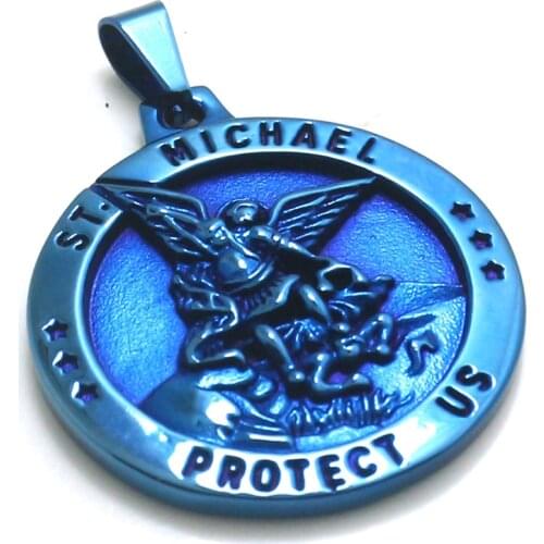 Unisex 316L Stainless Steel Star SAINT MICHAEL PROTECT US Blue Pendant