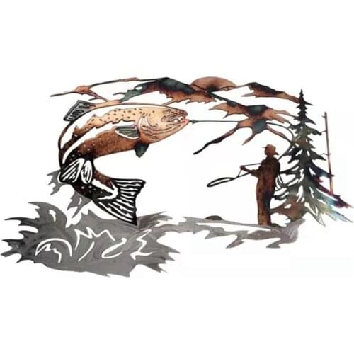 Fishing Man Statue Creative Iron Metal Crafts Decorative Hanging Indoor and Outdoor Decorative Garden Silhouette Artwork