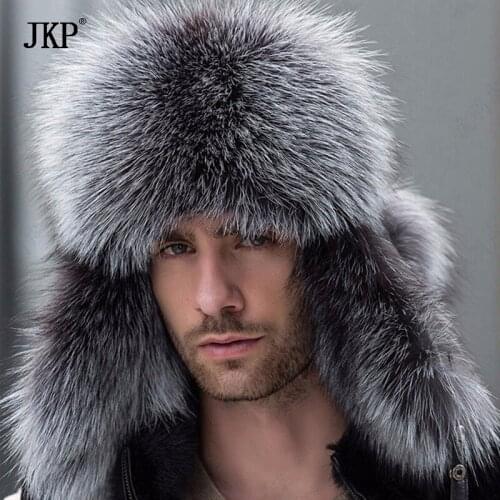 JKP Genuine Natural Silver Fox Fur Hats Men Real Raccoon Fur Lei Feng Cap for Russian Men Bomber Hats with Leather Tops