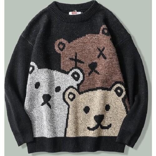 Harajuku Cartoon Bear Print Knitted Sweaters Men Hip Hop Streetwear Loose Casual Sweaters Autumn Thicken Couple Unisex Pullovers