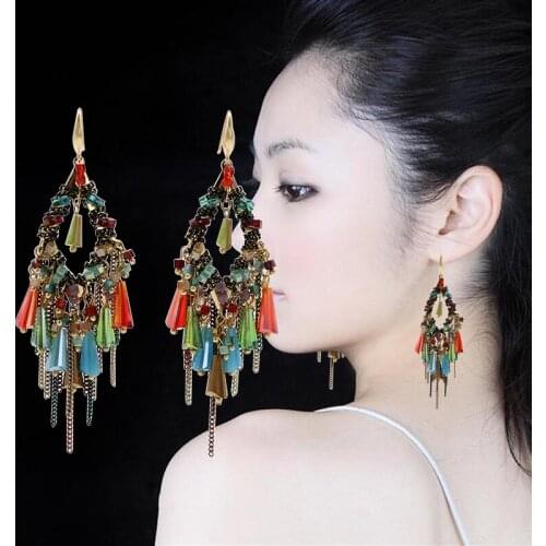 Trendy Handmade Crystal Beaded Chain Long Tassel earrings Woman Red blue green purple colorful bohemian Fashion Jewelry New 2020