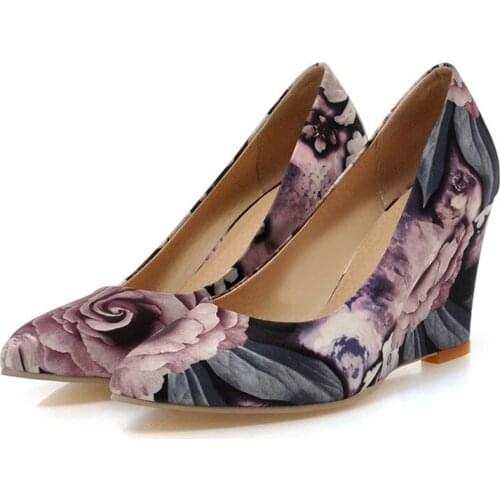 Wedge Pumps for Women High Heels Pointed Toe Shoes Spring Patent Leather Slip on Office Dress Shoes Floral Black Neon Yellow