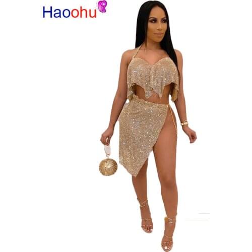 Spring Women Sets Bright Silk Chain Strap Tops+Skirts Suits Backless Two Piece Set Night Club Tracksuits Sexy Outfit