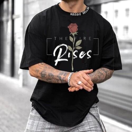 Foreign trade mens round neck printing T-shirt rose flower digital printing mens blouse trendy