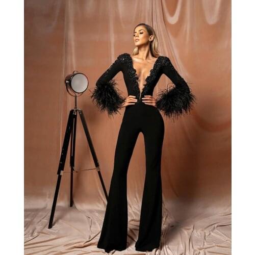 Feather Black Women Jumpsuit New Arrival Prom Dress 2020 V-Neck Satin Evening Dress with Long Sleeve Vestido de fiesta