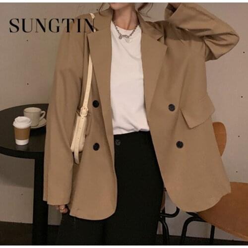 Sungtin Korean Style Double Breasted Casual Women Blazer Plus Size Autumn Office Lady Blazer Oversize Solid Loose Coats 2021 New