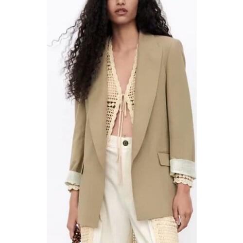 ZA Women Blazer Jacket 2021 Spring Autumn Vintage Solid Long Sleeve Coat Pockets Female Outerwear Causal Chic Tops