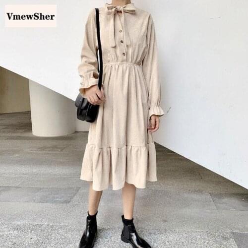 VmewSher New Autumn Women Dress Knee Length Corduroy Long Sleeve Sweet Bow Neck Blue Spring Office Lady Elegant Ruffles Dresses