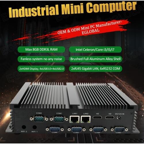 Fanless Industrial Mini PC Intel Core I3 5005U I5 4200U I7 4500U Core Mini PC 6 COM 2*RJ45 LAN Dual HDMI SIM Card 4G Supported