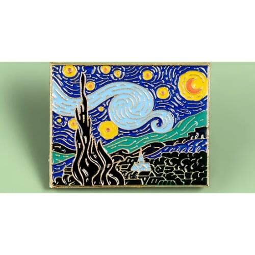 Van Goghs Masterpiece Paintings Starry Sky Brooch Romantic illusion Artworks Sunset Mountain Village Enamel Pins Jewelry