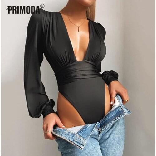 Black White Deep V Neck Bodysuit Women Puff Sleeve Bodycon Jumpsuit Elastic Casual Party Winter Bodysuits Sexy Body Tops PR2149G
