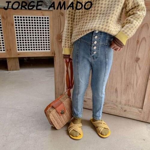 Girls Jeans 5 Buttons High Waist Fashion Tight Denim Pants Long Trousers Children Clothes 2-8Y KZ186