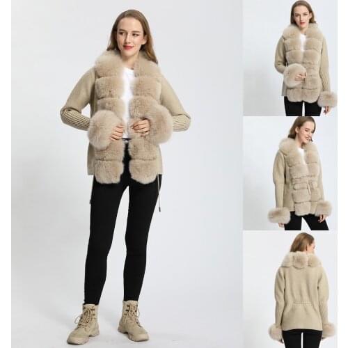 2021 Winter Fur Cardigan Women Knitted Wool Coat With Real Fox Fur Trim Slim Fashion Solid Fur Sweater Cardigan British Style