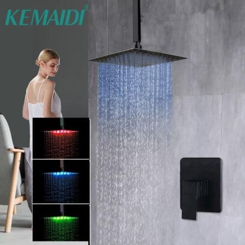 KEMAIDI 8 12 16 Inch LED Ceiling Mounted Rainfall Shower Head Matte Black Bathroom Ultrl-thin Square Hand Shower Set Faucet Tap