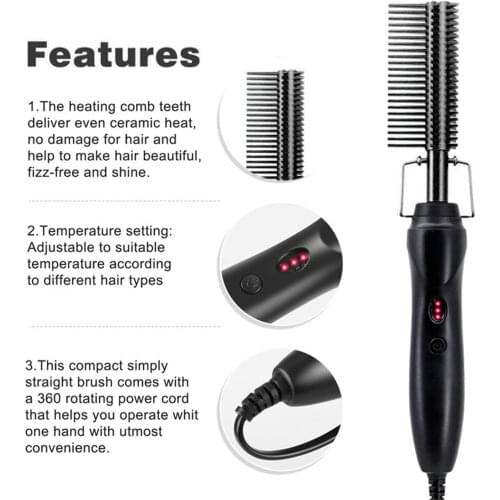 Ceramic High Heat Pressing Hot Comb Curling Flat Copper Brush for Afro Hair US Black