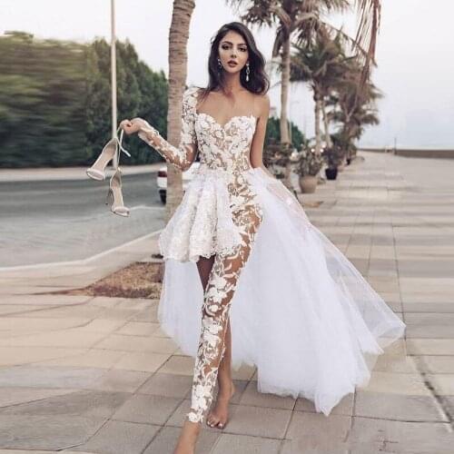 Jumpsuits Boho Wedding Dresses Lace Appliques One Shoulder Lace Overskirts Wedding Dress With Pants See Through robe de mariee