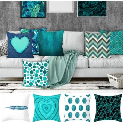 Teal Blue Cushion Cover Decorative 45x45 Throw Pillows Single Side Pillowcases Sofa Cushions Polyester Geometric Pillow Covers